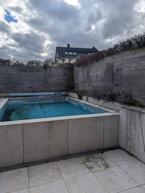 Außenpool mit trübem Wasser und Ablagerungen vor der Reinigung