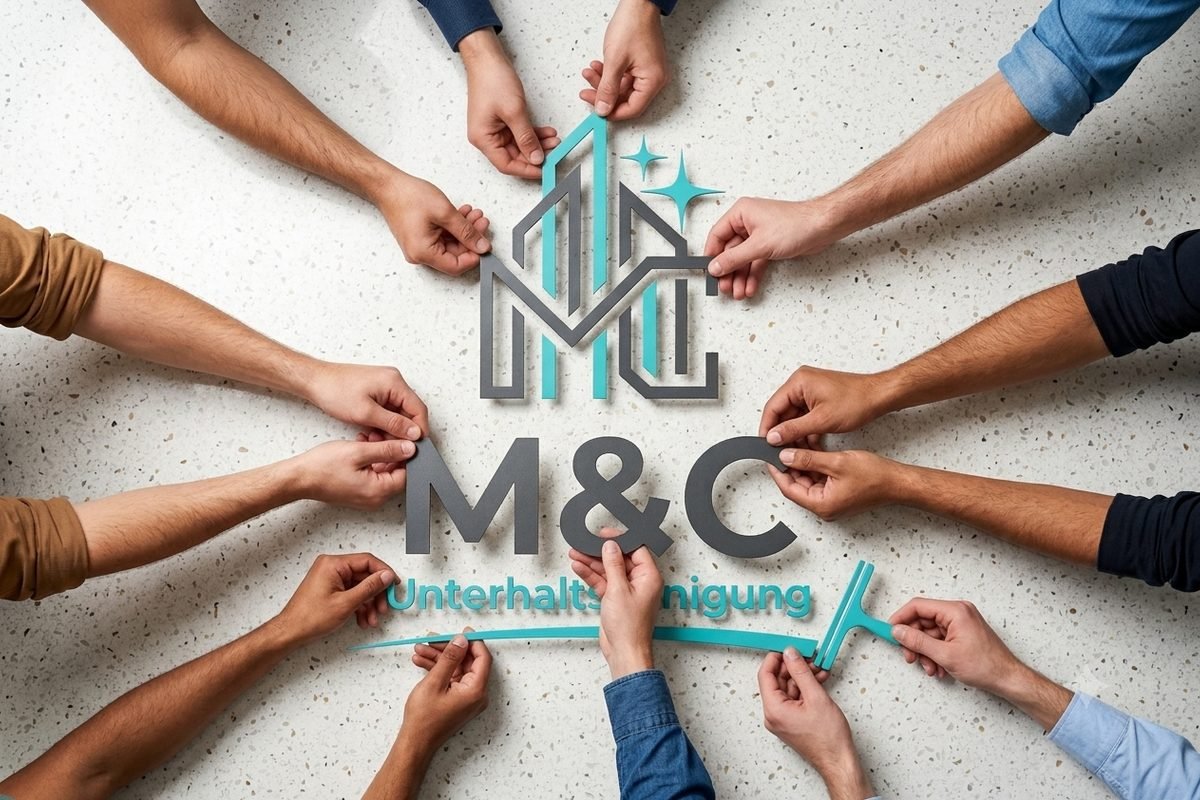 Team von M&C Unterhaltsreinigung – viele Hände bilden gemeinsam das M&C-Logo